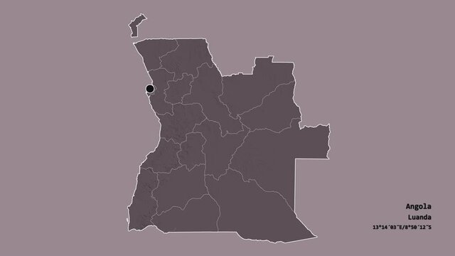 Malanje, province of Angola, with its capital, localized, outlined and zoomed with informative overlays on a administrative map in the Stereographic projection. Animation 3D