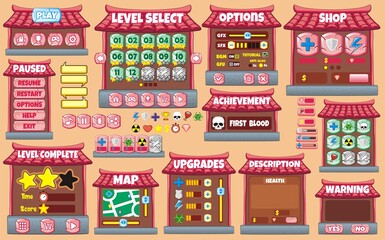 house Game User Interface Design, Illustration of a funny 
graphic gui background, in cartoon style with basic buttons and functions, status bar, for creating game