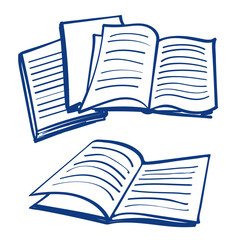 Digitally created, vector illustration drawn on tablet, 4 books, blue toned outline, open composition notebook, ready to read, simple flat design, mobile app icon, online learning concept, web design