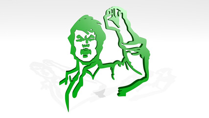 PROTEST HAND from a perspective with the shadow. A thick sculpture made of metallic materials of 3D rendering. editorial and illustration