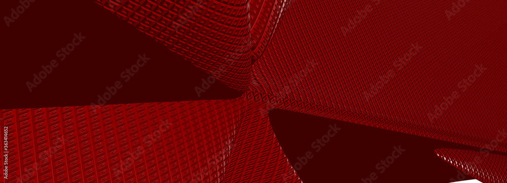 Poster ultra wide 3d abstract background of curved geometrical patterns of maroon color with lighting and s