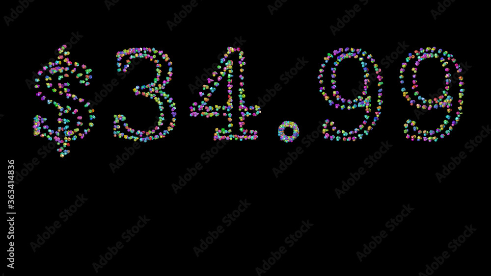 Poster $34.99 written in 3d illustration by colorful small objects casting shadow on a black background