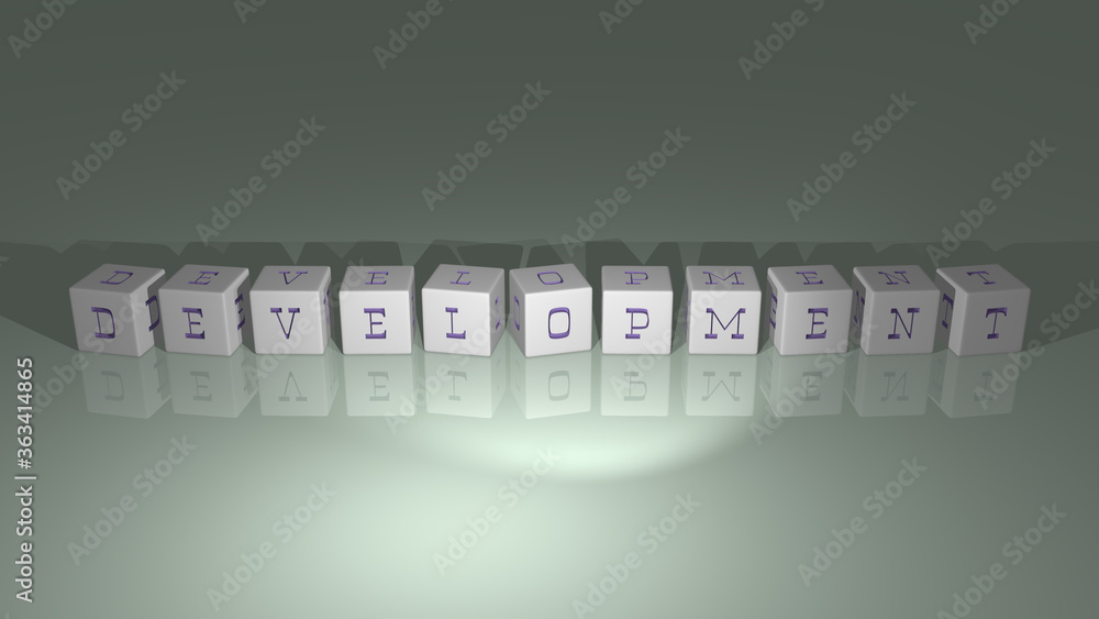 Poster alphabetic development arranged by cubic letters on a mirror floor, concept meaning and presentation