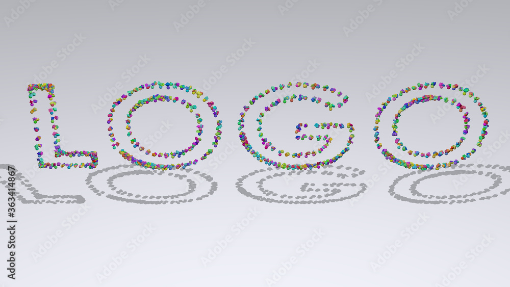 Poster logo: 3d illustration of the text made of small objects over a white background with shadows. design