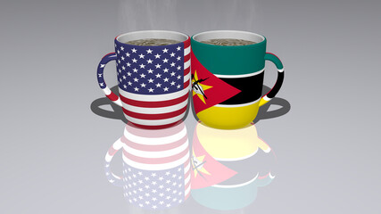 Relationship of UNITED-STATES-OF-AMERICA MOZAMBIQUE presented by their national flags on cups of tea or coffee as editorial or commercial picture