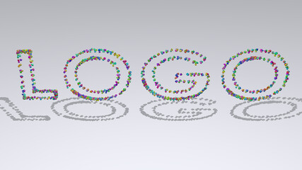 LOGO: 3D illustration of the text made of small objects over a white background with shadows. design and icon