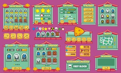 Naklejka premium cheese Game User Interface Design, Illustration of a funny graphic gui background, in cartoon style with basic buttons and functions, status bar, for creating game
