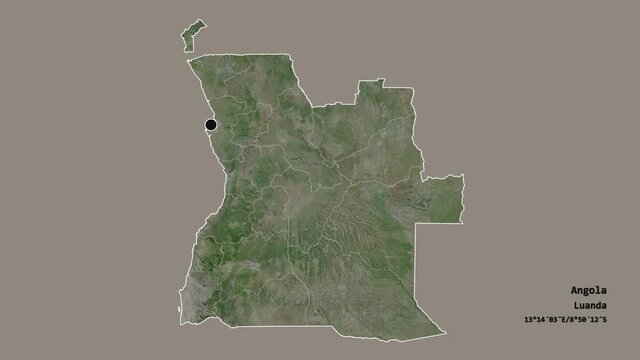 Malanje, province of Angola, with its capital, localized, outlined and zoomed with informative overlays on a satellite map in the Stereographic projection. Animation 3D