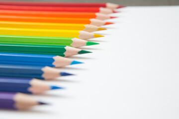 Selective focus of Pattern Colorful  Many colored pencils on a white background and copy space