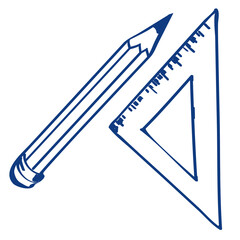 Sharpened pencil with eraser and triangle ruler, digitally created, vector illustration drawn on tablet, simple, modern flat design. Icon for online education, presentation, web, marketing, mobile app
