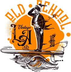 illustration of a silhouette of a surfing old fashion man on the surfboard
