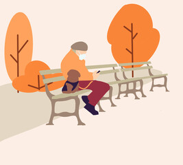 The older man wear protective face mask sitting alone on bench with his dog and social distance for social distancing for infection risk in park.Autumn day.