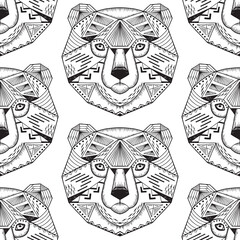Hand drawn Bears heads Vector Seamless pattern. Ethnic animal. Tribal patterned Bear.
