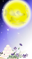 月見の団子と桔梗の花とススキの花束に大きな月のイラストワイドバーチャル背景素材縦長