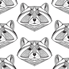 Hand drawn Raccoons heads Vector Seamless pattern. Ethnic animal. Tribal patterned Raccoon.
