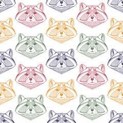 Obraz premium Hand drawn Raccoons heads Vector Seamless pattern. Ethnic animal. Tribal patterned Raccoon. 