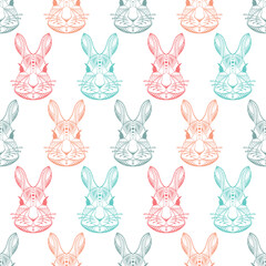 Bunny head. Hand drawn Rabbit heads Vector Seamless pattern. Ethnic animal. Tribal patterned Hare.
