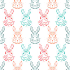 Bunny head. Hand drawn Rabbit heads Vector Seamless pattern. Ethnic animal. Tribal patterned Hare.
