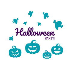 Halloween print with silhouettes of carved pumpkins and spooky ghosts. Vector illustration in white background