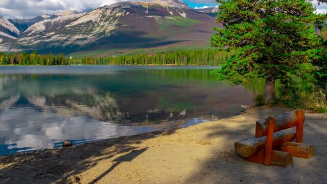 Edith Lake Reflections On a Beach Bench Time Lapse 4k