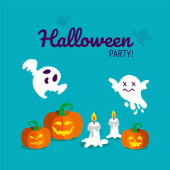 Halloween party print with carved pumpkins, candles and spooky ghosts. Vector illustration in blue background