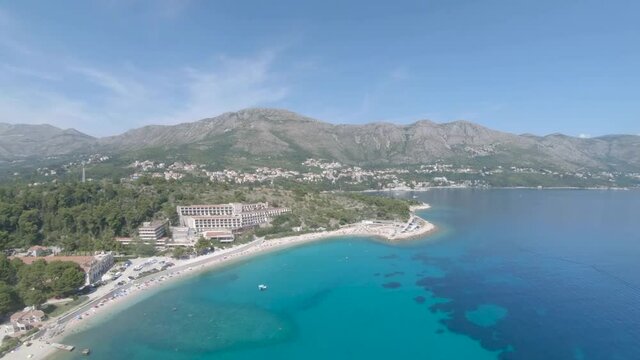 Aerial Drone Footage of Kupari Beach Bay and the Abandoned Hotel, Croatia.