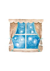 Cute night window blue sky. Kids bedtime hand drawn watercolor illustration on white background