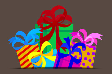 Naklejka premium Set of gifts, presents. Boxes for christmas. Realistic colored containers with surprises. Vector image. Stock Photo.
