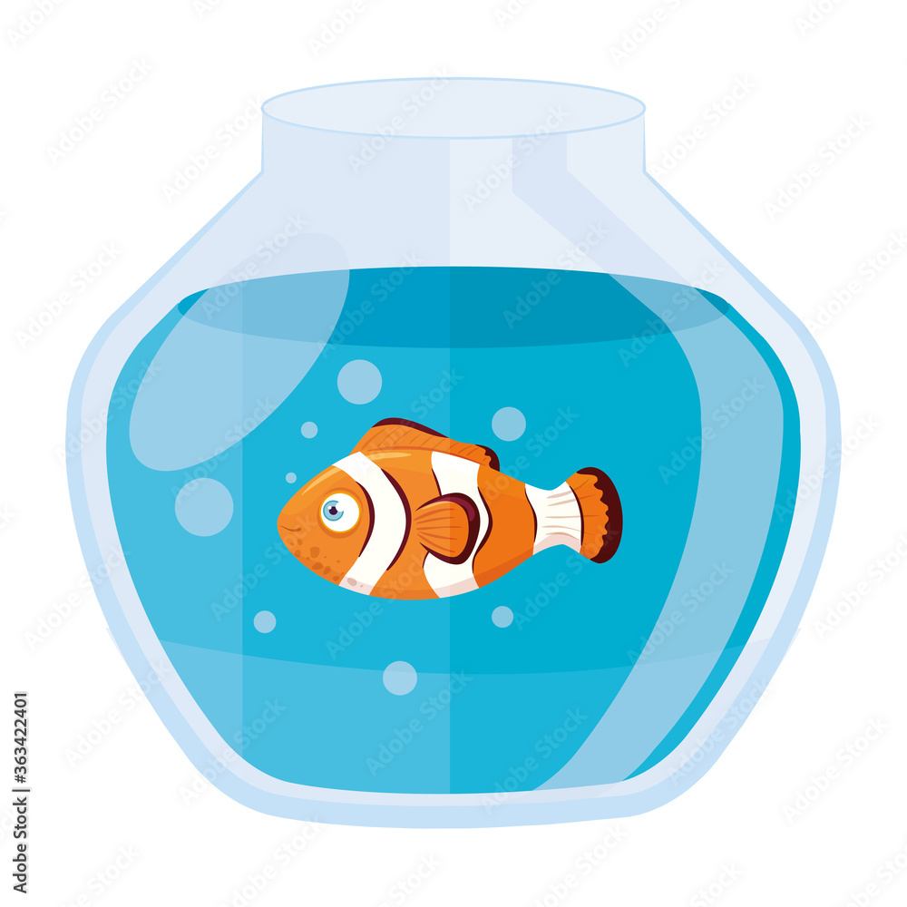 Wall mural aquarium clownfish with water, aquarium marine pet vector illustration design