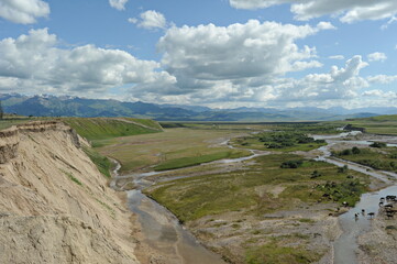 A valley with a mountain river and grazing animals. Territory near the Khan Tengri mountain range.