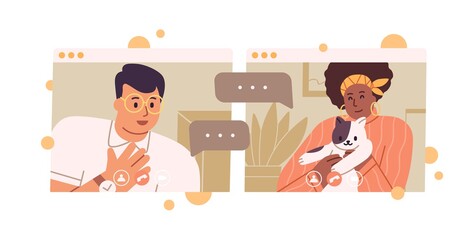 Smiling diverse couple talking on videoconference vector flat illustration. Black skin woman cat lover and happy guy having web communication isolated on white. Online meeting or dating