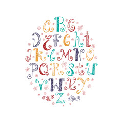 Vector ABC. Hand drawn cartoon doodle ornamental Alphabet. Colorful letters for kids.
