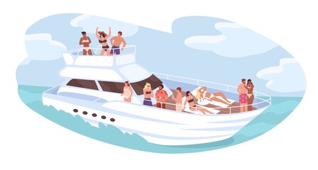Group of diverse people relaxing on cruise yacht at ocean vector illustration. Man and woman dancing, sunbathing, drinking cocktails isolated. Friends resting on ship. Concept of travel and vacation