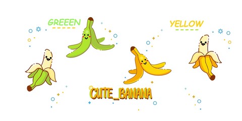 Set of cartoon banana drawings: single, peeled and banana peel on the ground. Vector clip art illustration collection. combinate on yellow and green of banana's