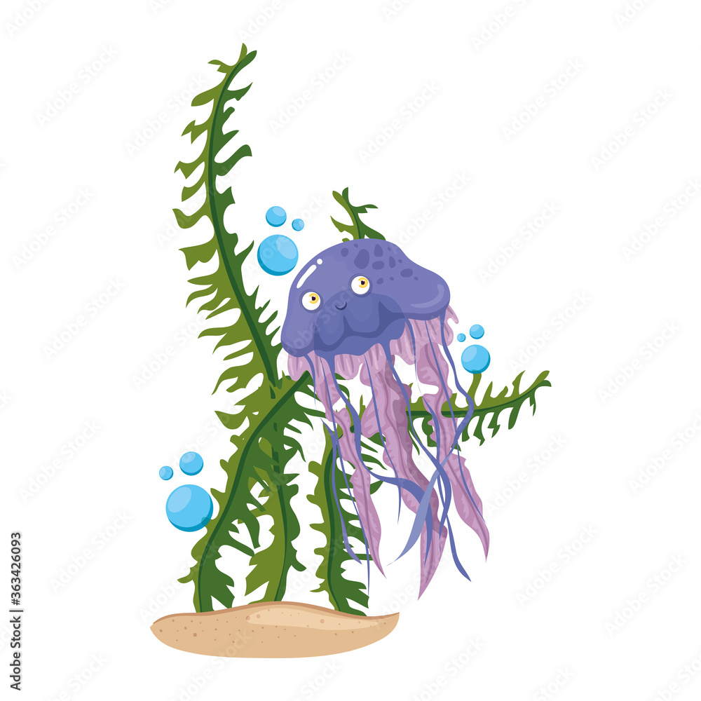 Canvas Prints sea underwater life, jellyfish with seaweed on white background vector illustration design