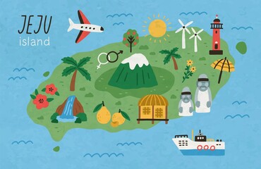Hand drawn Jeju island map vector flat illustration. Korean land with traditional attractions stone figures, mountain, lighthouse, flower and fruit, waterfall, mountain, palm surrounded by ocean