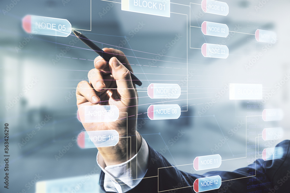 Poster man hand with pen working with abstract virtual coding illustration on blurred office background, so