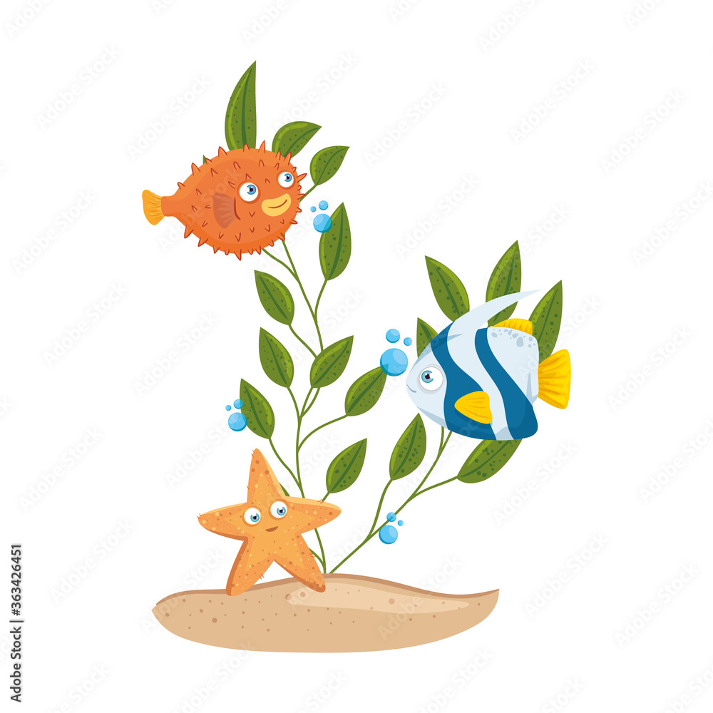 Poster sea underwater life, fishes and starfish with seaweed on white background vector illustration design