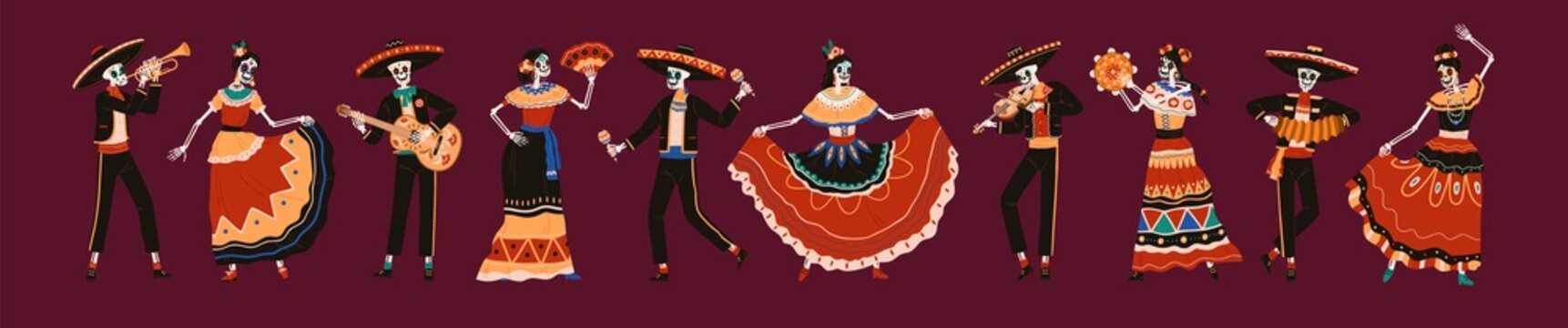 Day of the dead skeletons party set vector illustration. Skeleton characters in traditional mexican apparel dancing and playing musical instruments isolated. Dia De Los Muertos halloween festival