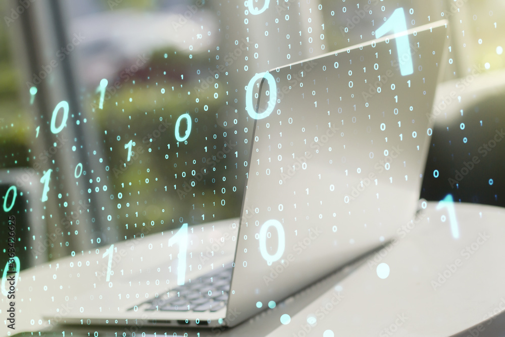 Poster creative abstract binary code sketch on modern laptop background, hacking and matrix concept. multie
