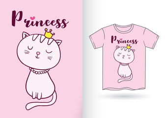 Hand drawn cute cat for t shirt