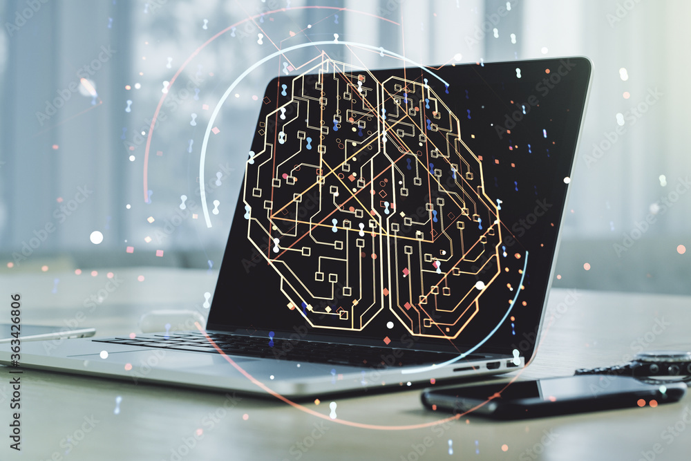 Poster double exposure of creative human brain microcircuit with computer on background. future technology 