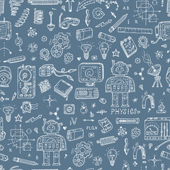 Physics. Science seamless pattern. Hand drawn doodles Robot, Measuring equipment, instrumentation and elements
