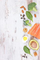 Natural sources of omega 3 acids, unsaturated fats and dietary fiber, copy space for text