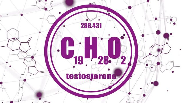 Chemical formula of hormone testosterone. Infographics animation.