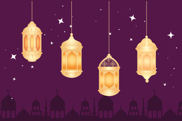 eid al adha mubarak, happy sacrifice feast, with lanterns hanging and silhouette arabia city vector illustration design