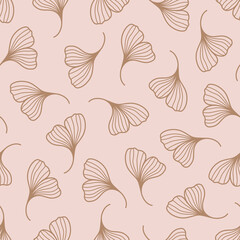 Ginkgo Biloba Leaves Seamless Pattern in a Trendy Minimal Style. Outline of a Botanical Background. Floral Vector