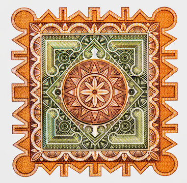Geometric and ornamental guilloche patterns and designs with native motives. Portrait from Mauritania 200 Ouguiya 2006 Banknotes. Collection.