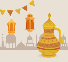 eid al adha celebration card with set golden jar and lamps hanging vector illustration design