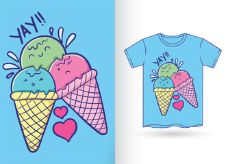 Hand drawn cute ice cream for t shirt